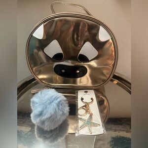 Bronze Animal Face Bag with Blue Pom Pom & Keychain 🚩BUNDLE DEAL🚩